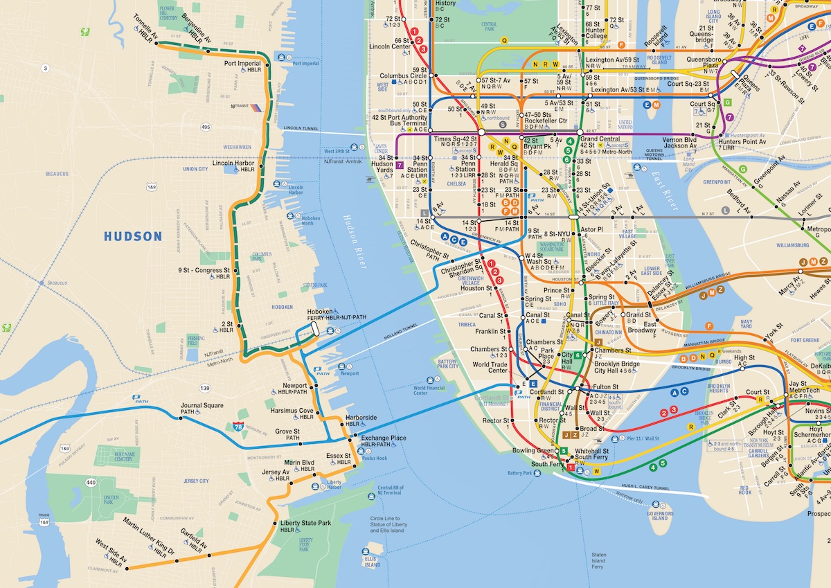 Closeup look at design of the New York & New Jersey Subway Map